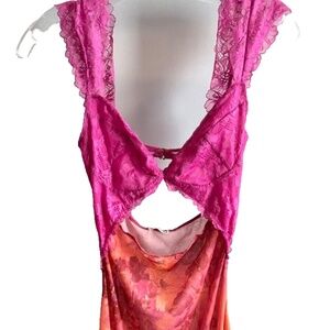 FREE PEOPLE Intimately Pink Lace and Orange Floral Dress sz XS